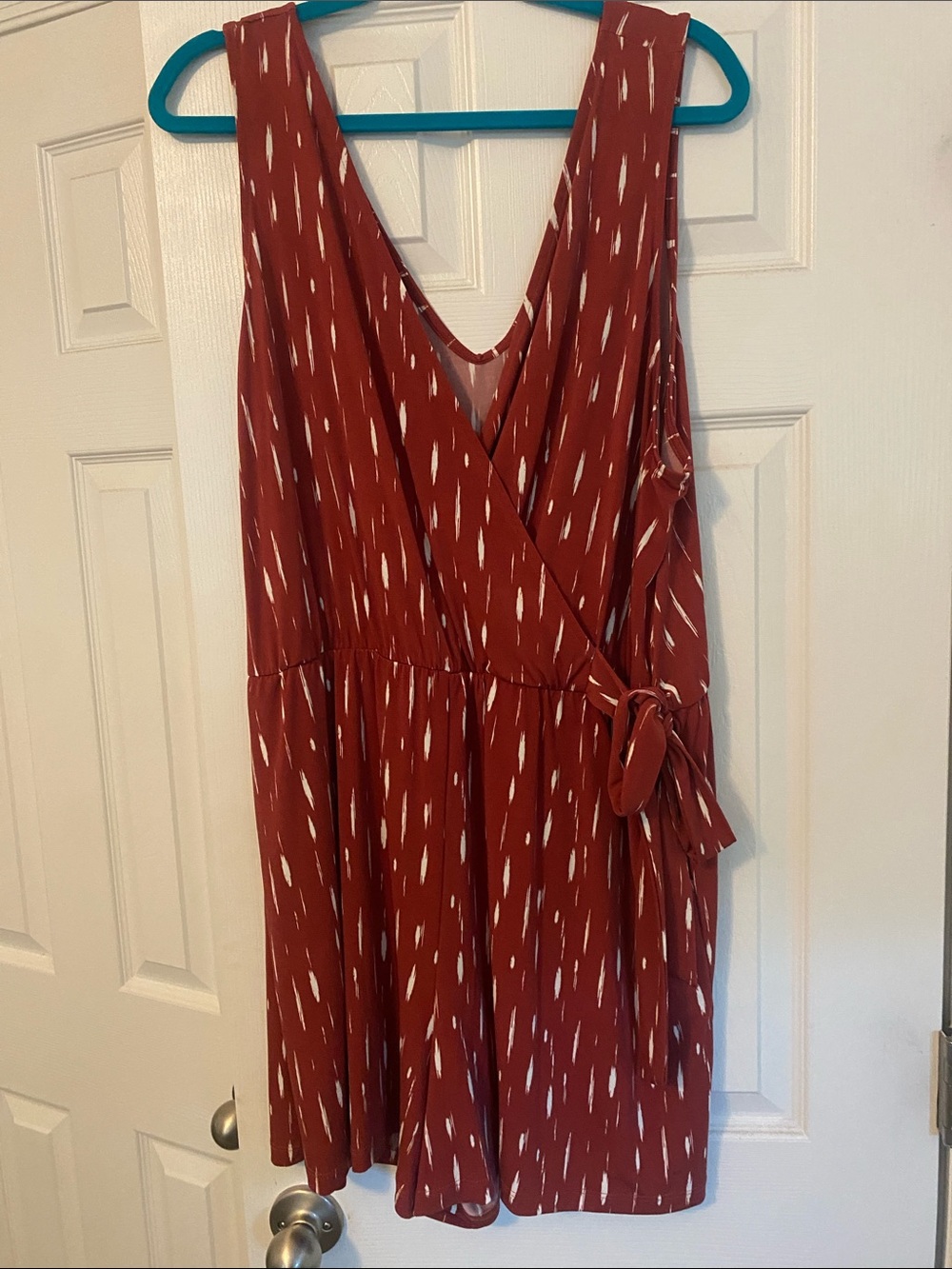 Gilli Rust Red Sleeveless Wrap Romper with White Dash Print